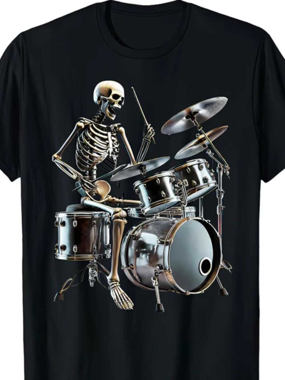 Rocker Skeleton And Skull Playing Drums T-Shirt